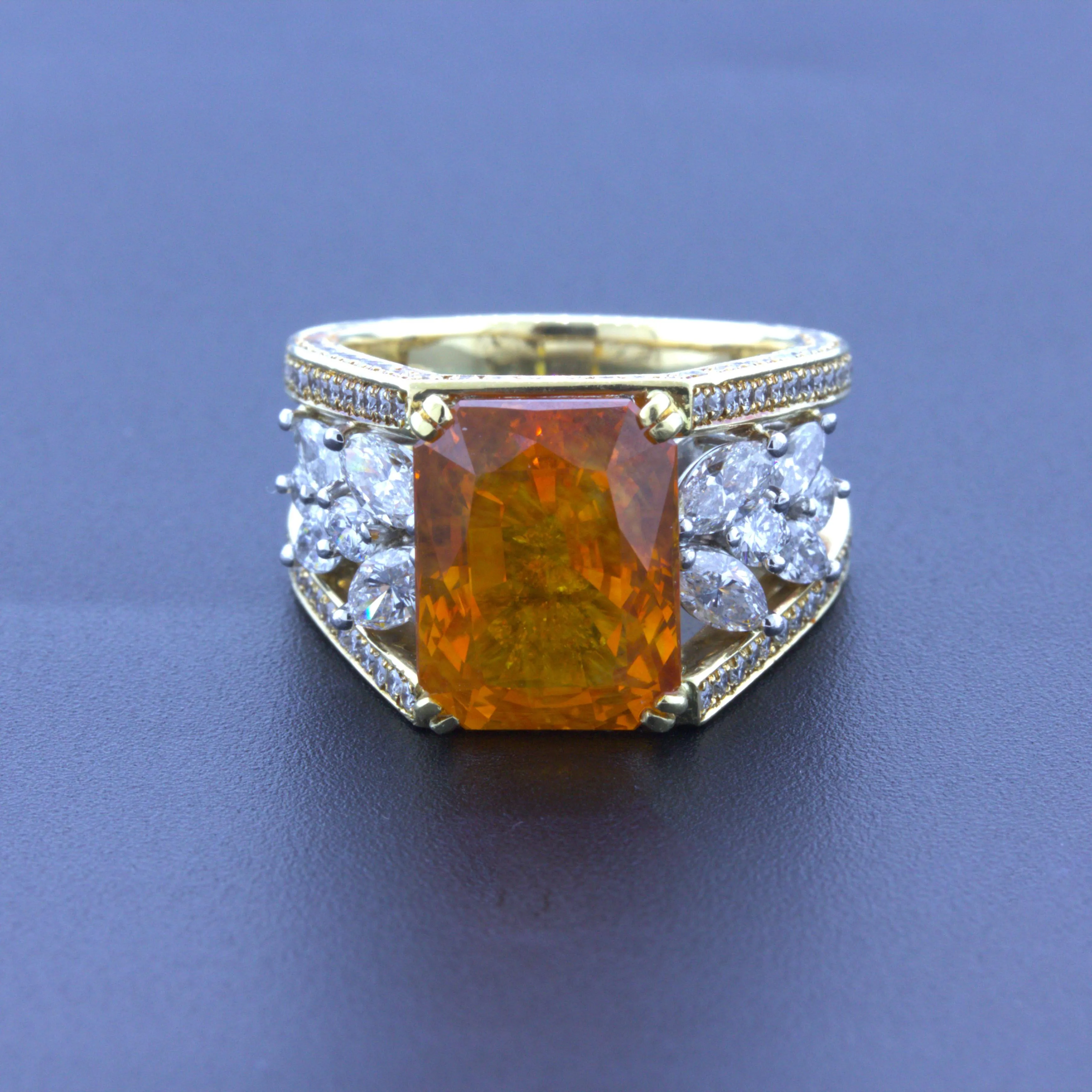 10.80 Carat Orange Sapphire Diamond Platinum & 18k Yellow Gold Ring