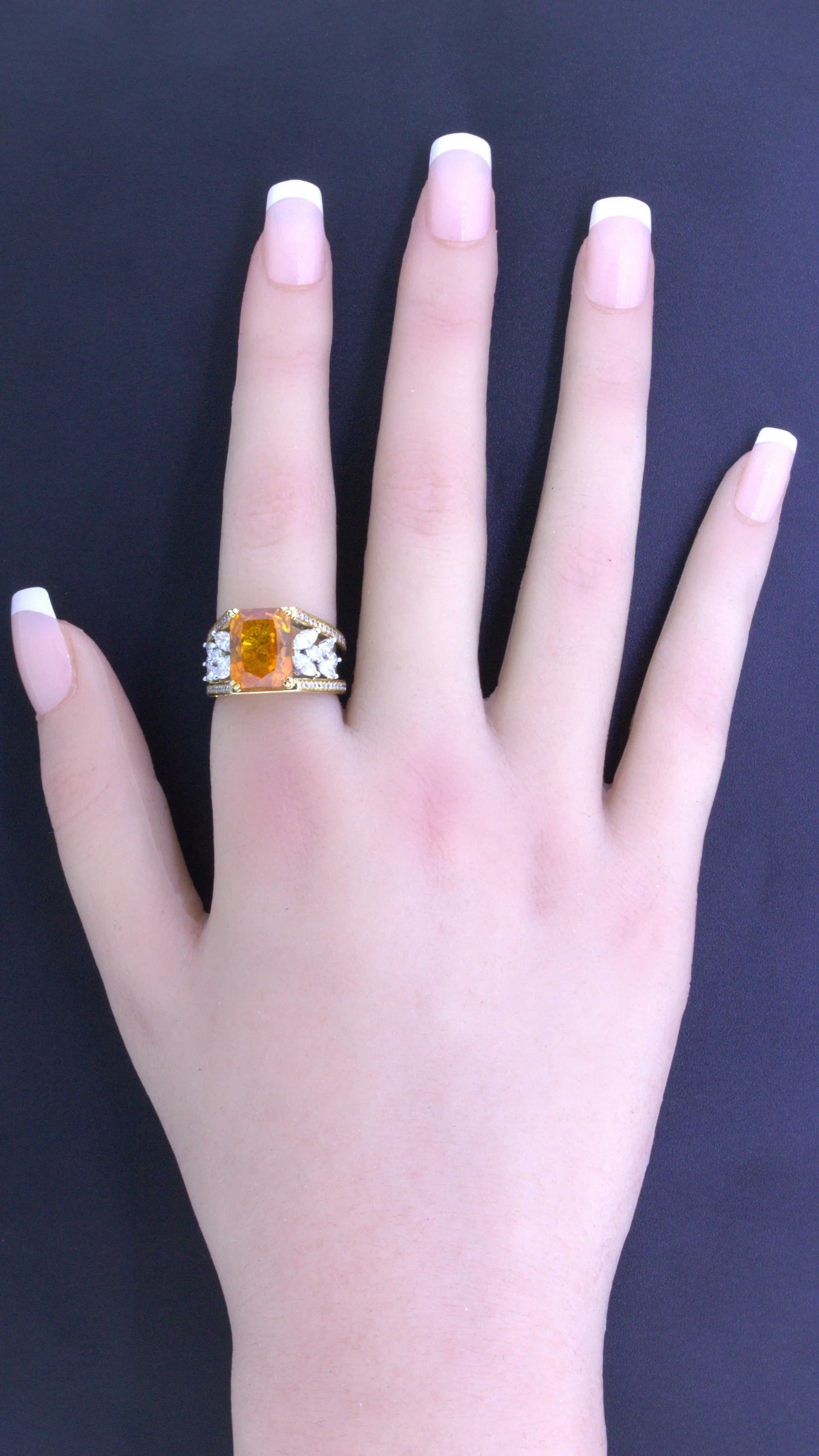 10.80 Carat Orange Sapphire Diamond Platinum & 18k Yellow Gold Ring