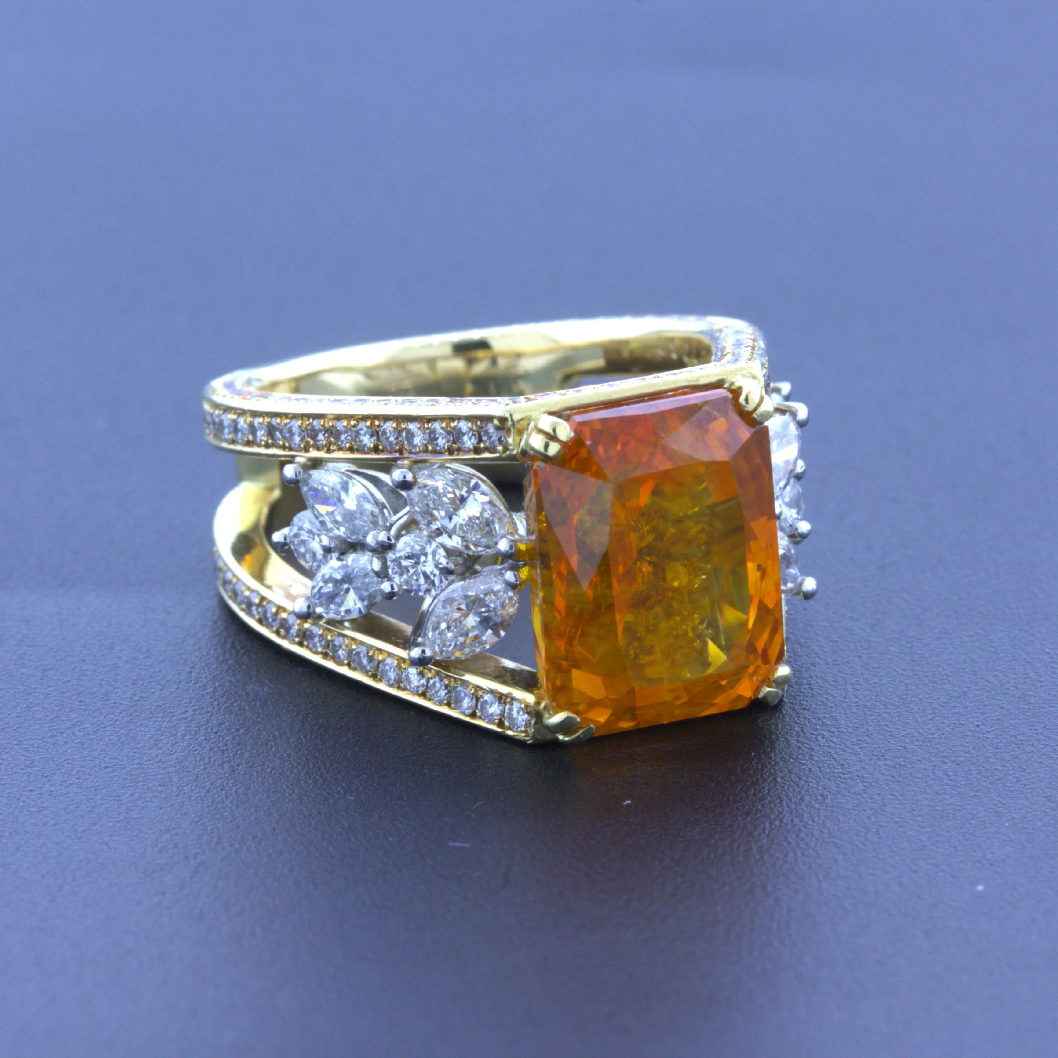 10.80 Carat Orange Sapphire Diamond Platinum & 18k Yellow Gold Ring