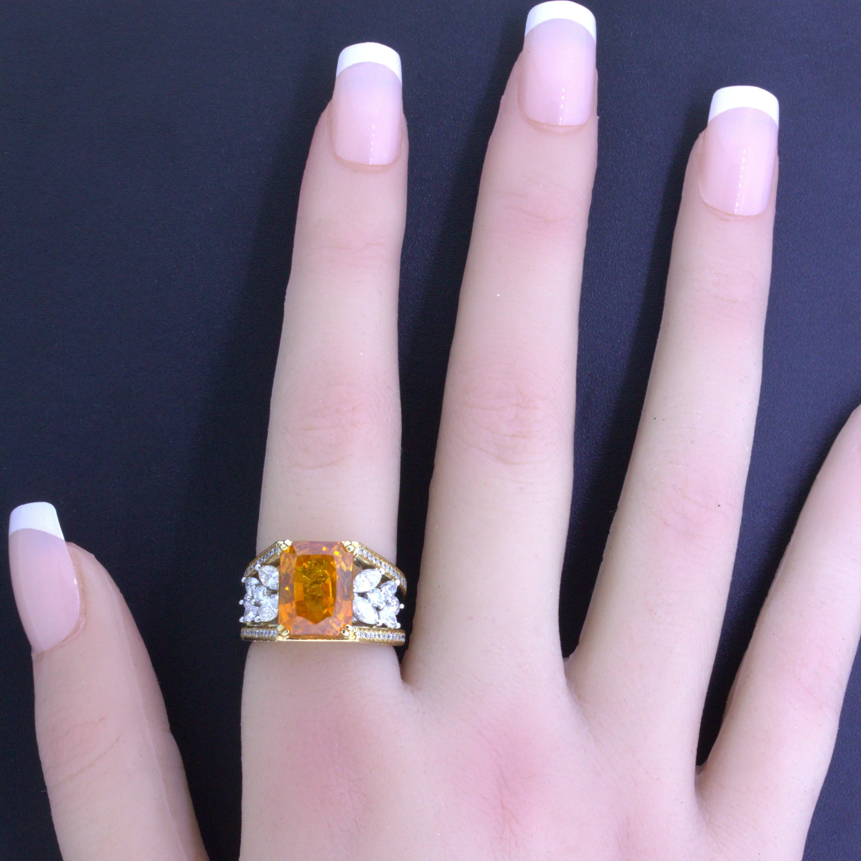 10.80 Carat Orange Sapphire Diamond Platinum & 18k Yellow Gold Ring