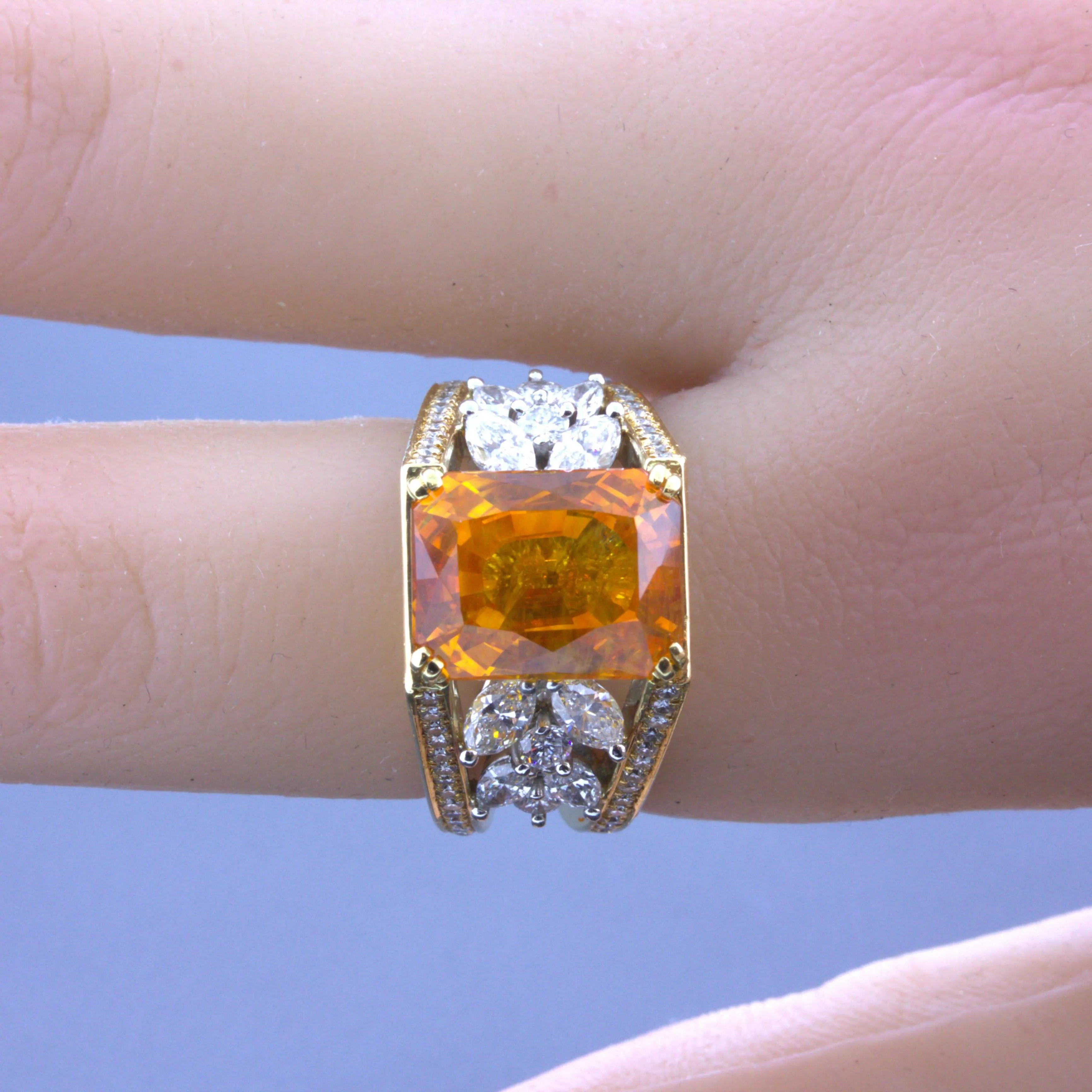 10.80 Carat Orange Sapphire Diamond Platinum & 18k Yellow Gold Ring