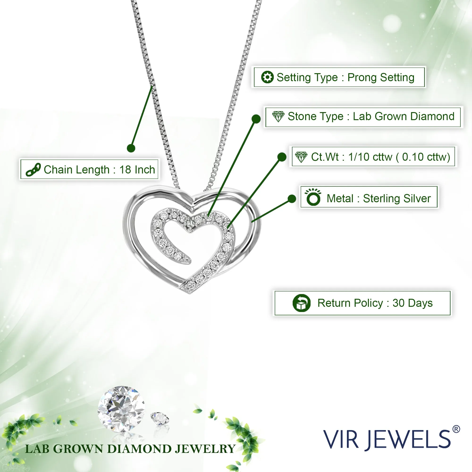 1/10 cttw Heart Lab Grown Diamond Pendant Necklaces in Silver