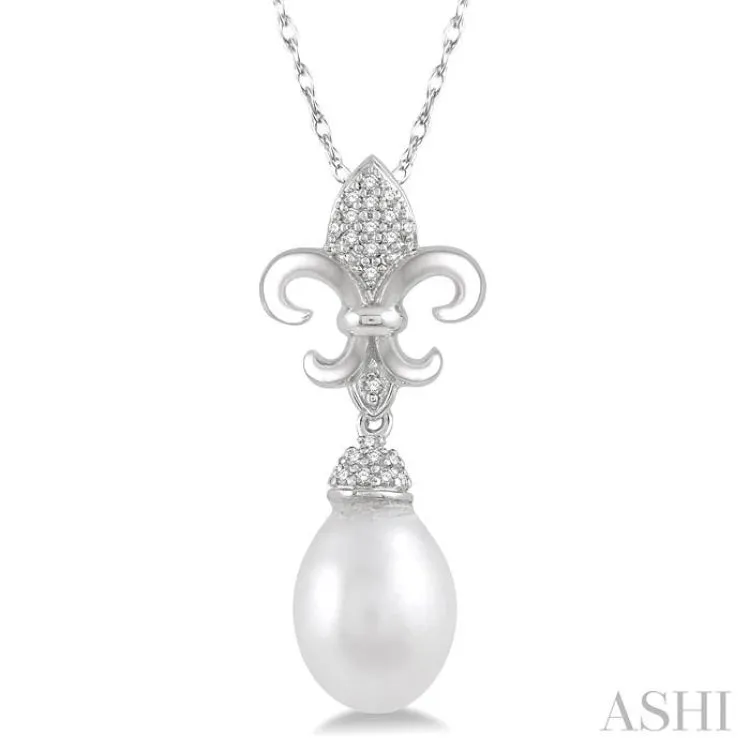 1/10 Ctw 9x7 MM White Cultured Pearl & Round Cut Diamond Fleur De Lis Pendant in 10K White Gold