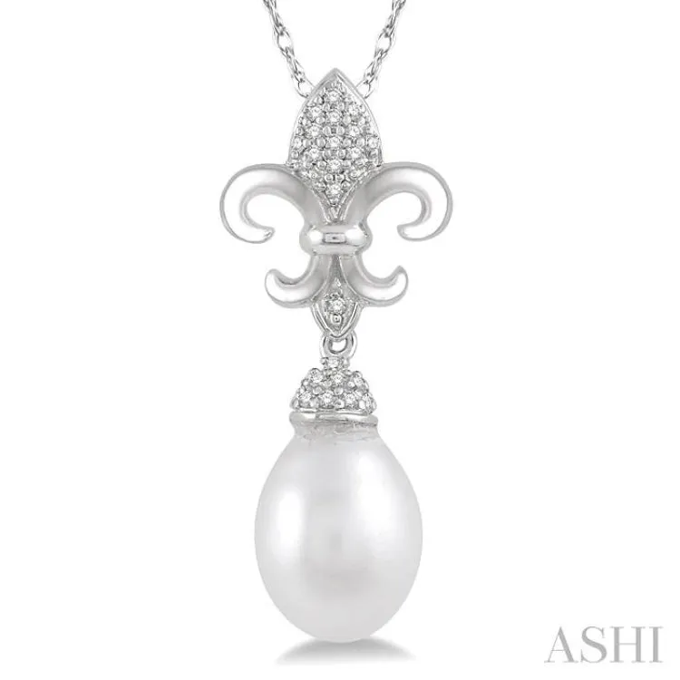 1/10 Ctw 9x7 MM White Cultured Pearl & Round Cut Diamond Fleur De Lis Pendant in 10K White Gold