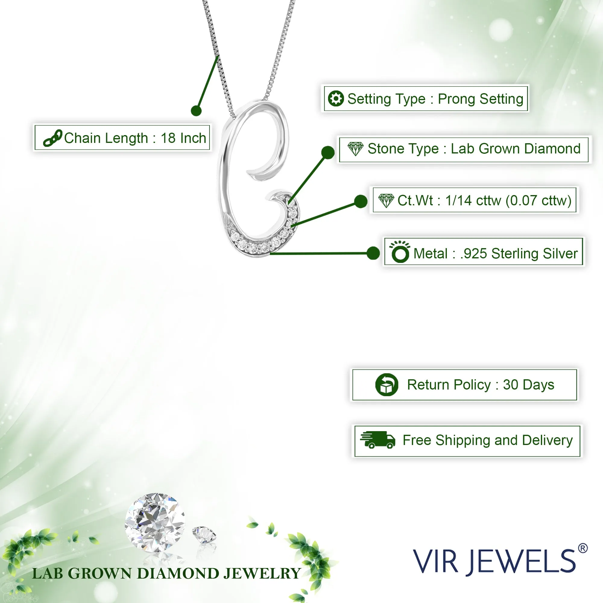 1/14 cttw Round Cut 9 Stones Lab Grown Diamond Pendant Necklace .925 Sterling Silver 1/3 Inch With 18 Inch Chain