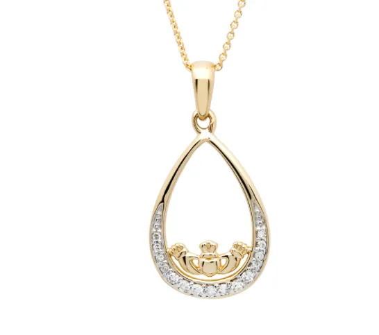 14K. Gold Teardrop Diamond Set Claddagh Pendant