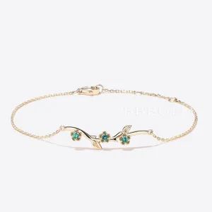 14k Solid Gold Leaf Bracelet Nature Inspired Emerald Floral Bracelet