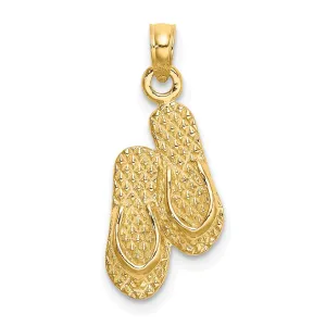 14K Yellow Gold Polished Textured Finish 3-Dimensional Reversible KEY WEST Bannner Double Flip Flop Sandles Charm Pendant