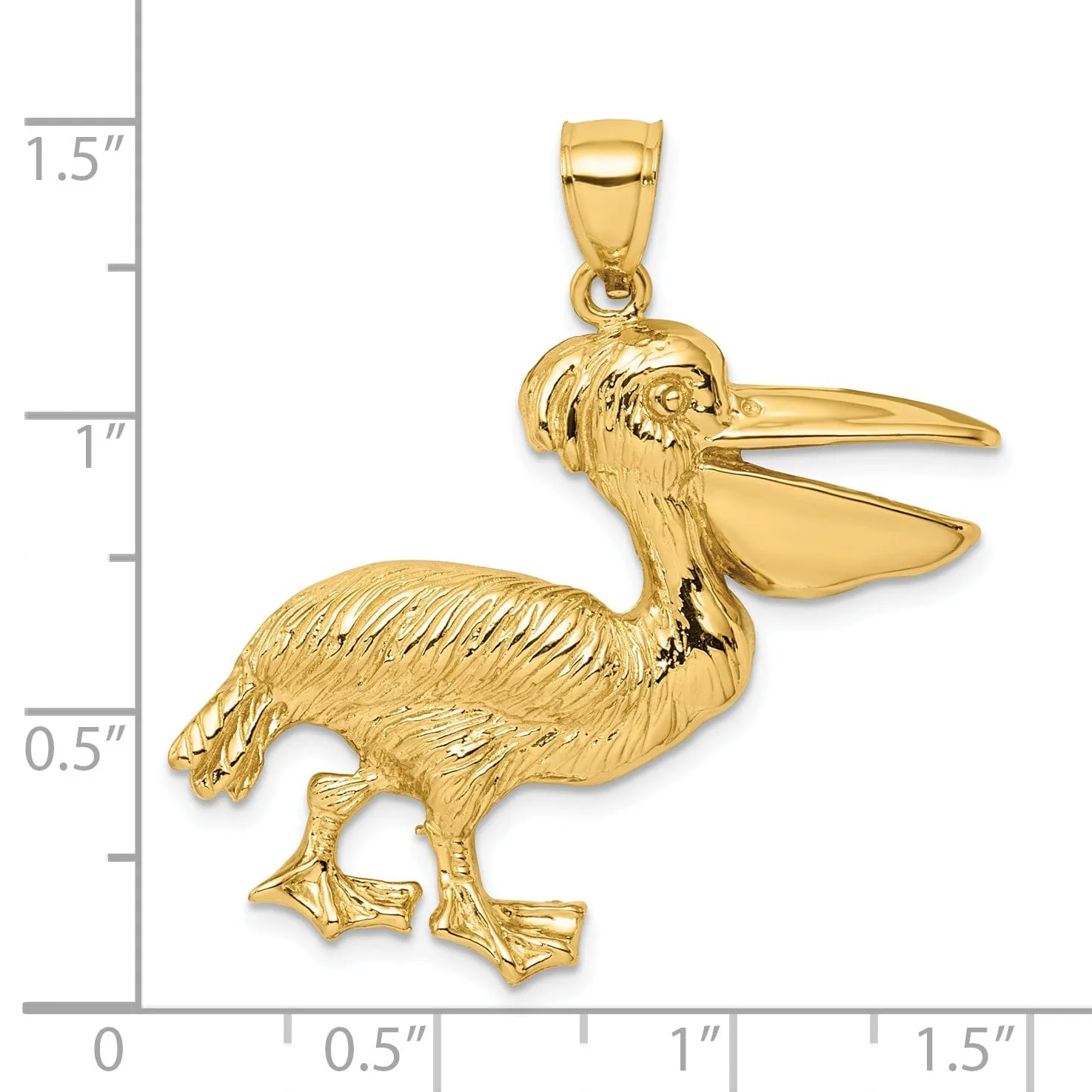 14K Yellow Gold Polished Textured Finish Pelican Walking with Mouth Open Design Charm Pendant