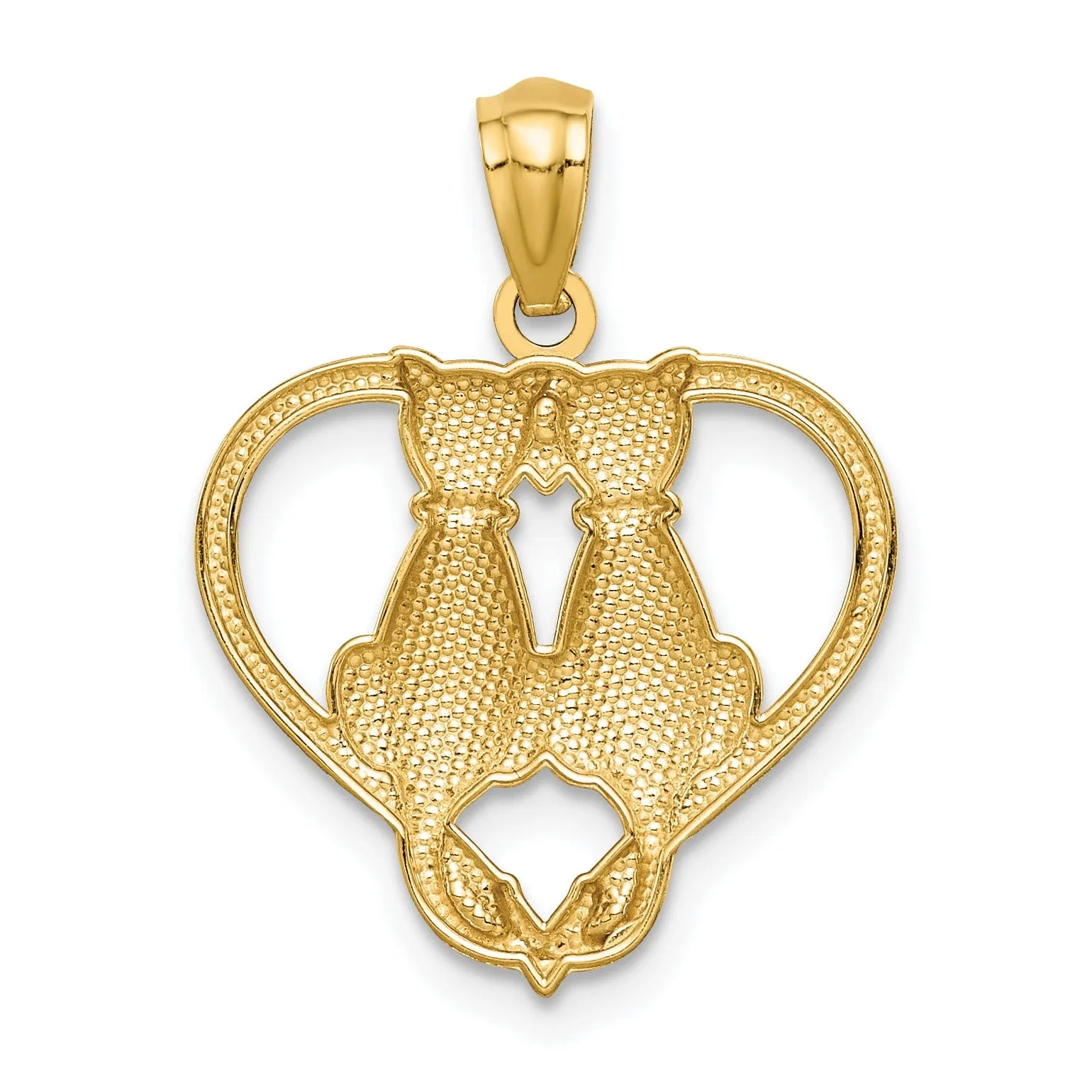 14k Yellow Gold Solid Polished Textured Finish Two Sitting Cats in Heart Shape Design Charm Pendant