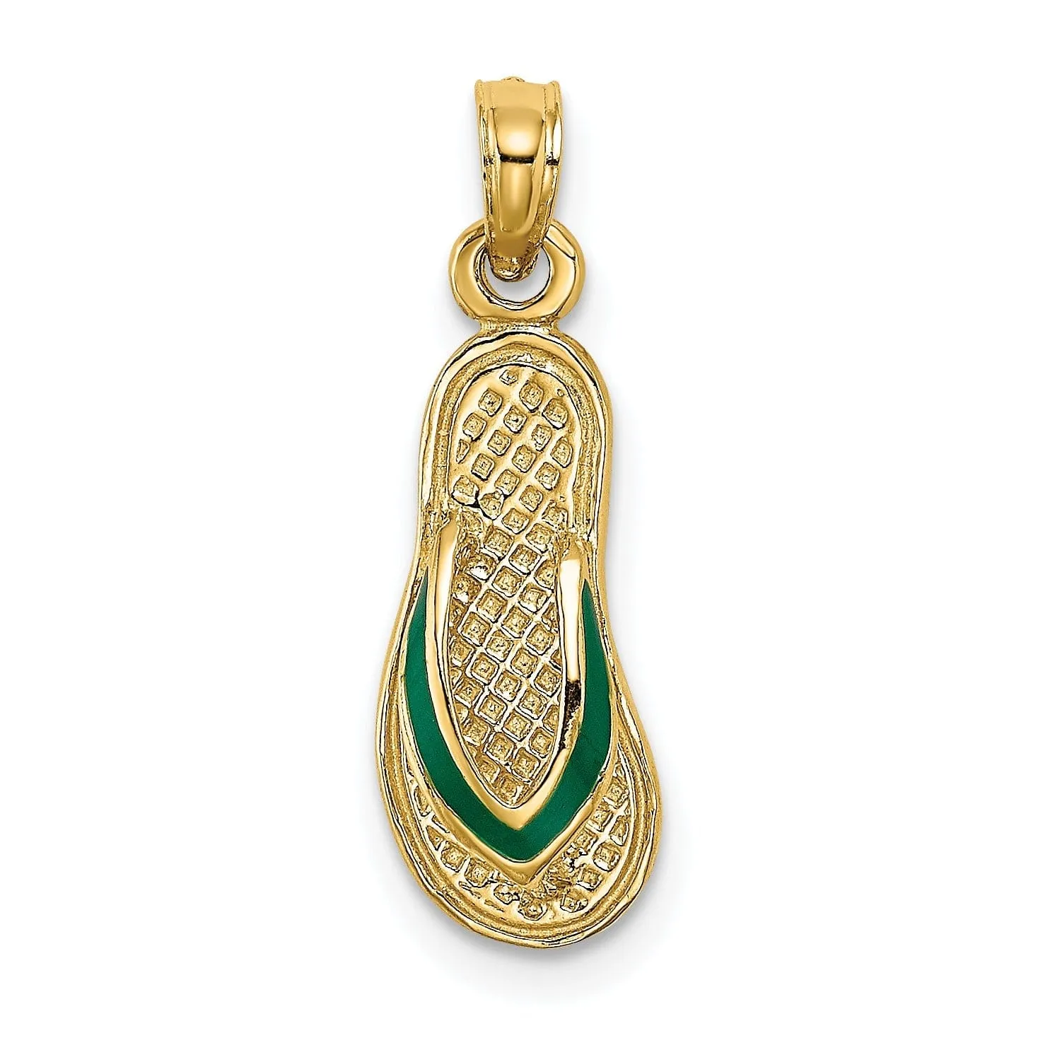 14k Yellow Gold Testure Polished Finish 3-Dimensional Polished Texture Green Enamel Finish Single Flip-Flop Sandle Charm Pendant