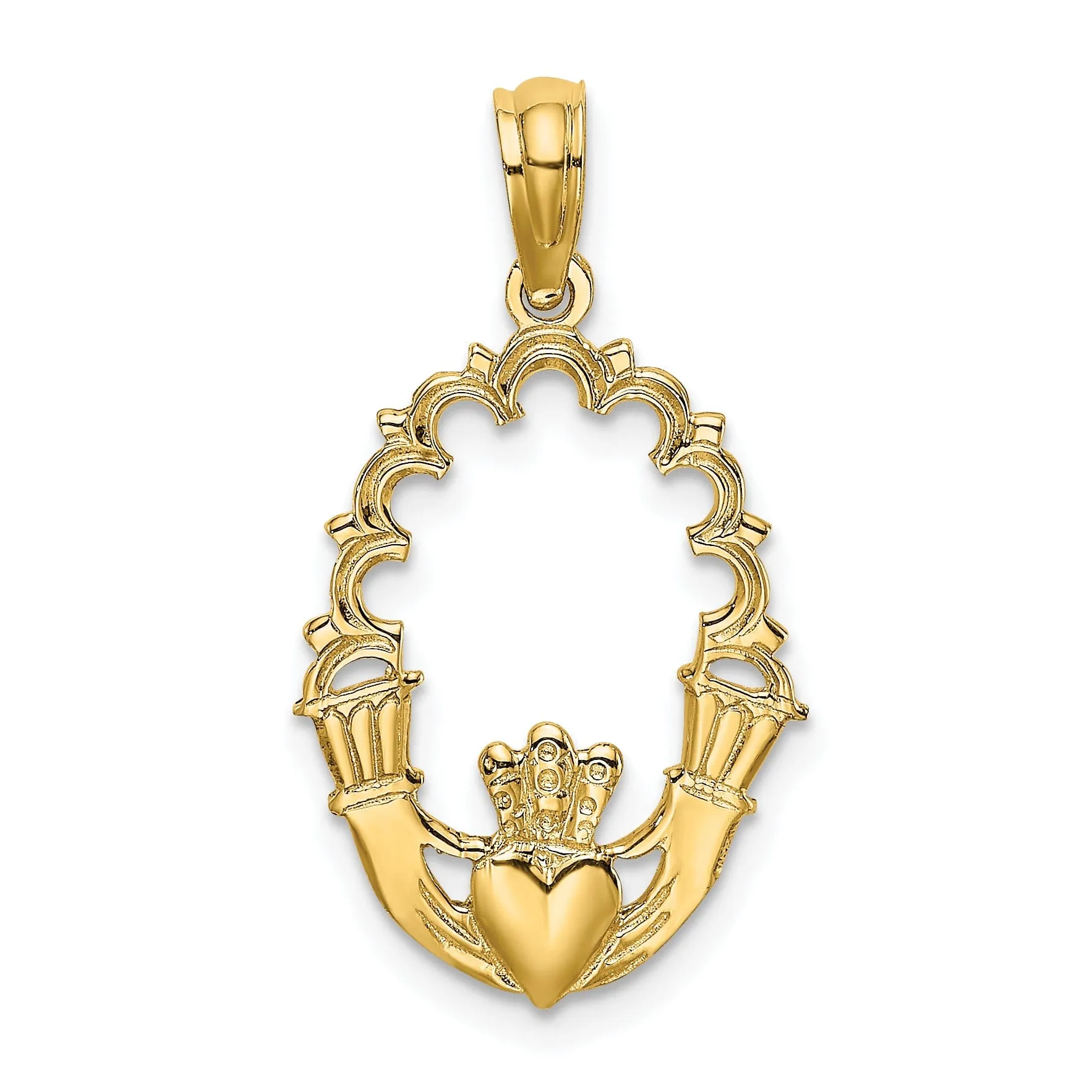 14K Yellow Gold Textured Polished Finish In Ova Shape Claddagh Design with Lace Trim Charm Pendant