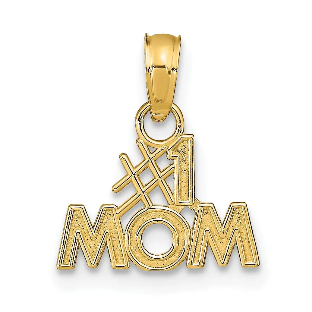 14K Yellow Gold Textured Polished Finish Script #1 MOM Charm Pendant