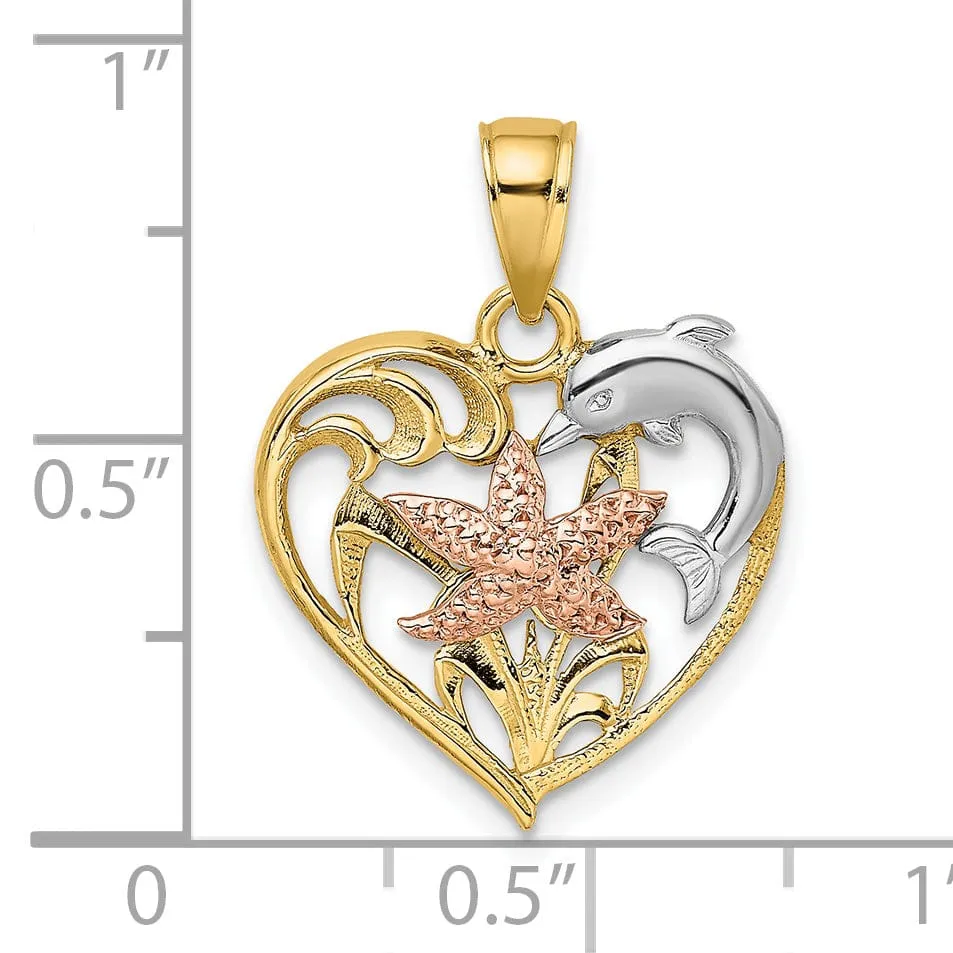 14K Yellow Rose Gold White Rhodium Texture Polished Finish Dolphin Starfish In Design Heart Charm Pendant