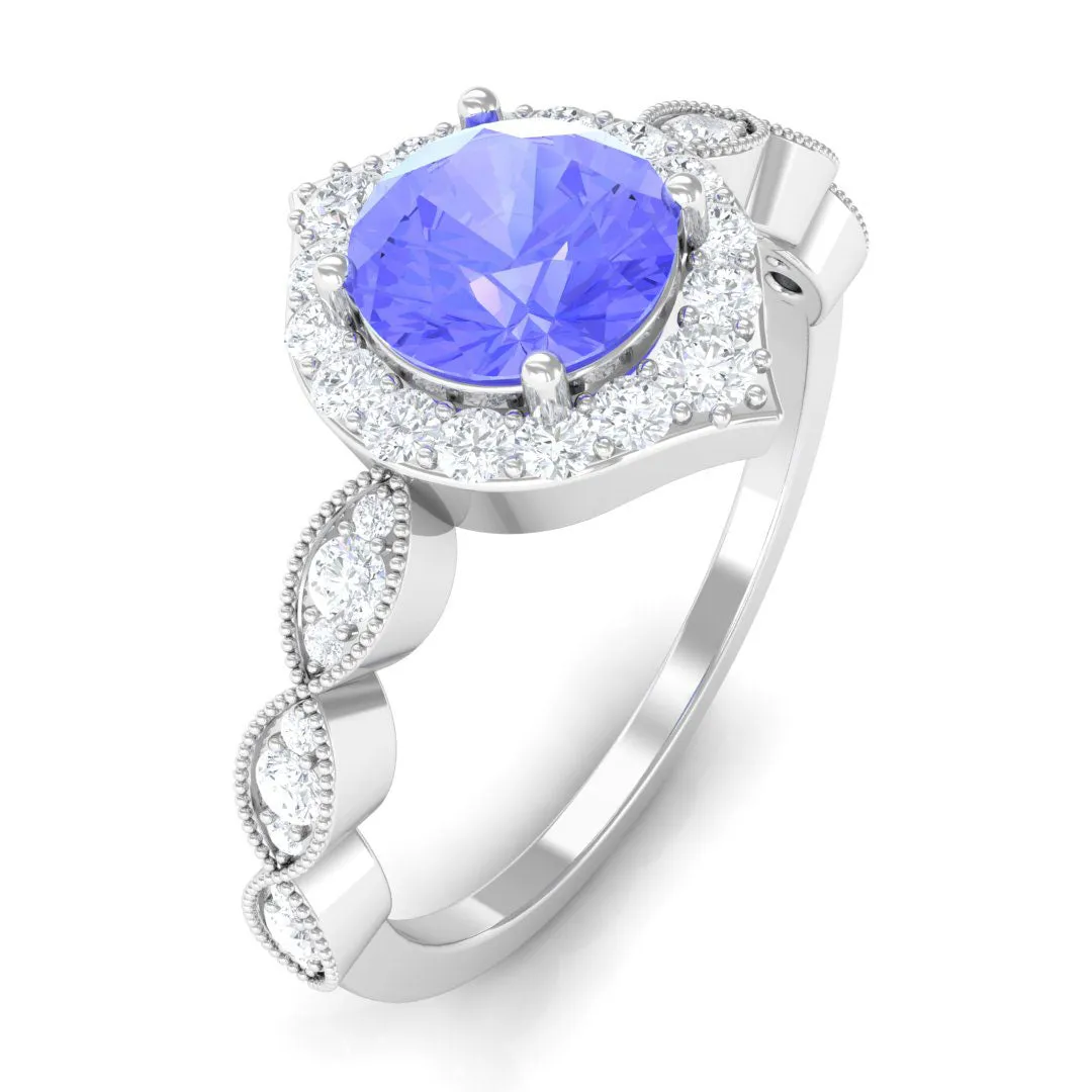 1.50 CT Vintage Style Tanzanite Engagement Ring with Diamond Accent