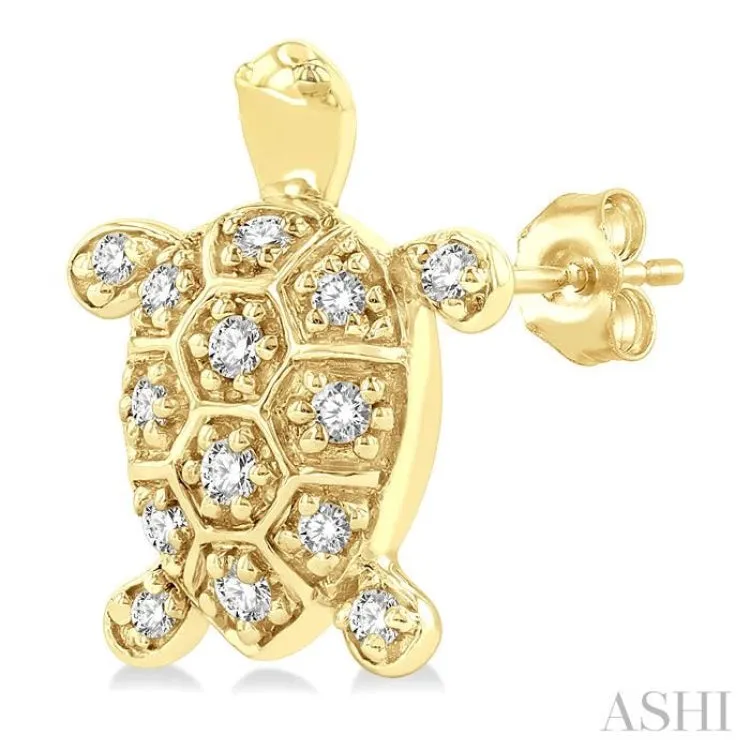 1/6 ctw Petite Turtle Round Cut Diamond Fashion Stud Earring in 10K Yellow Gold