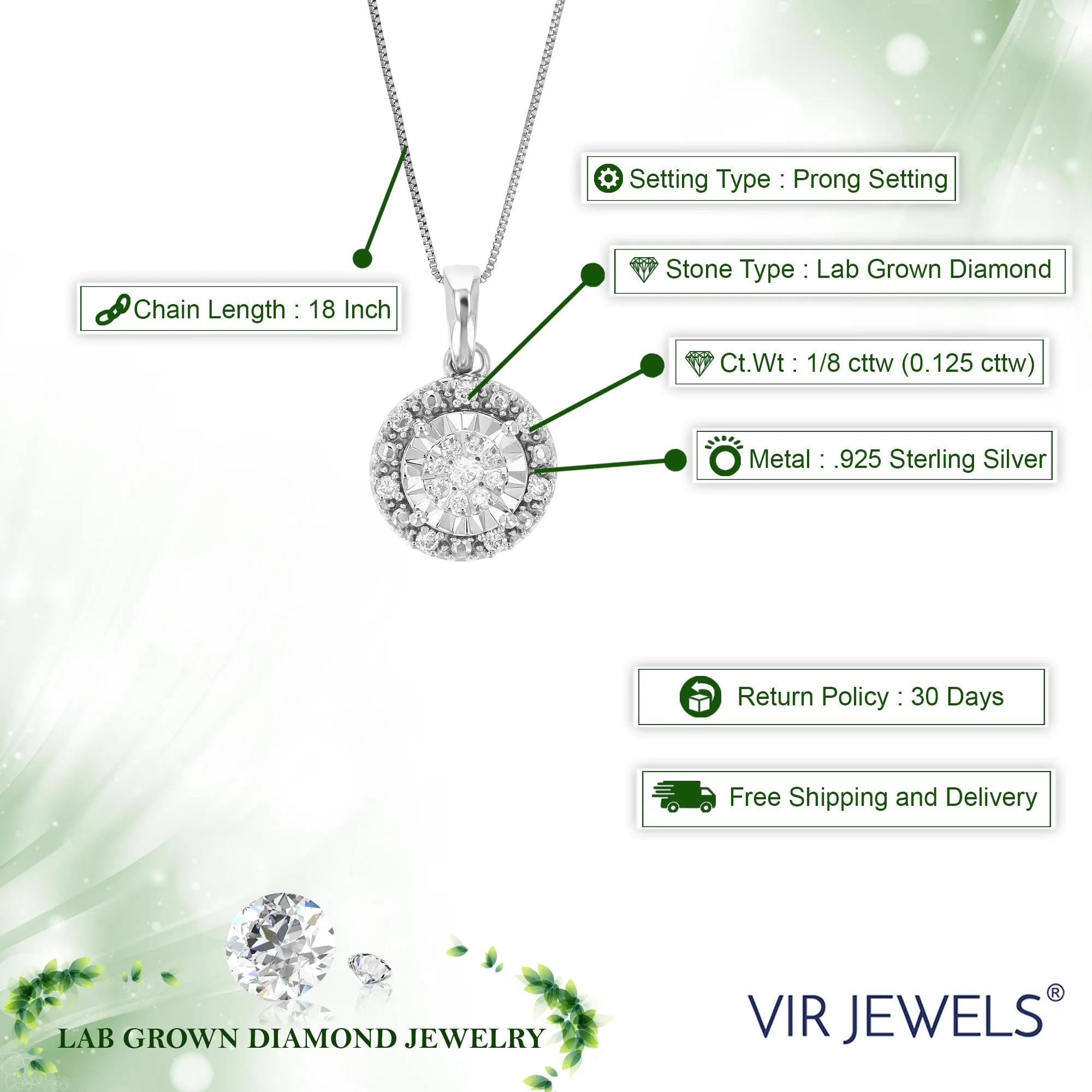 1/8 cttw Round Cut 14 Stones Lab Grown Diamond Circle Pendant Necklace .925 Sterling Silver 1/3 Inch With 18 Inch Chain