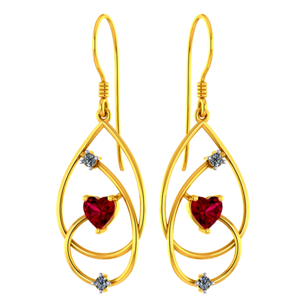 18k Diamond Earrings With Intricate Design And Red Heart Shaped Stone