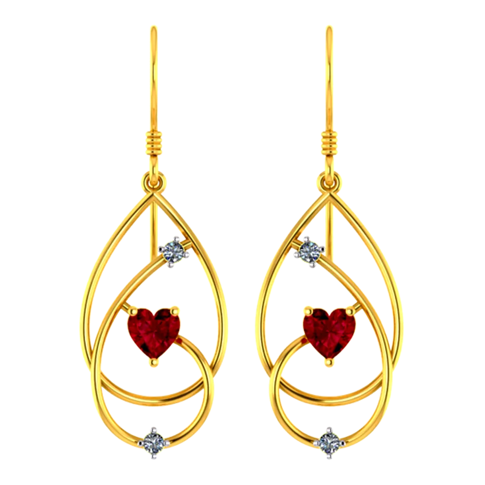 18k Diamond Earrings With Intricate Design And Red Heart Shaped Stone