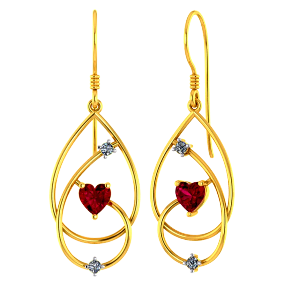 18k Diamond Earrings With Intricate Design And Red Heart Shaped Stone