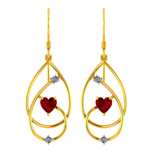 18k Diamond Earrings With Intricate Design And Red Heart Shaped Stone