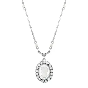 1928 Jewelry Elenor Oval Intaglio Crystal White Faux Pearl Pendant Necklace 16"   3" Extender