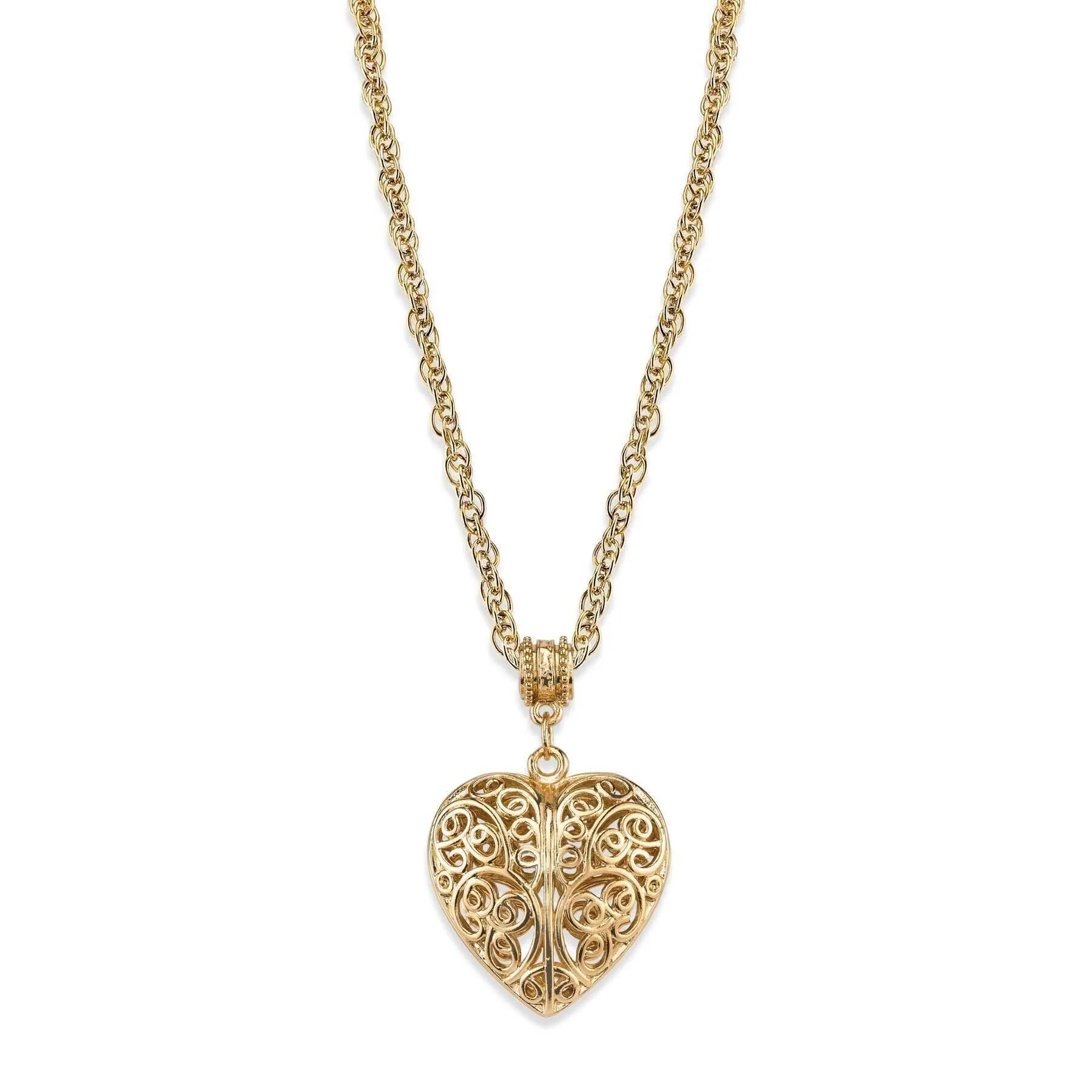 1928 Jewelry Filigree Heart With Austrian Crystal Accent Pendant Necklace 18"