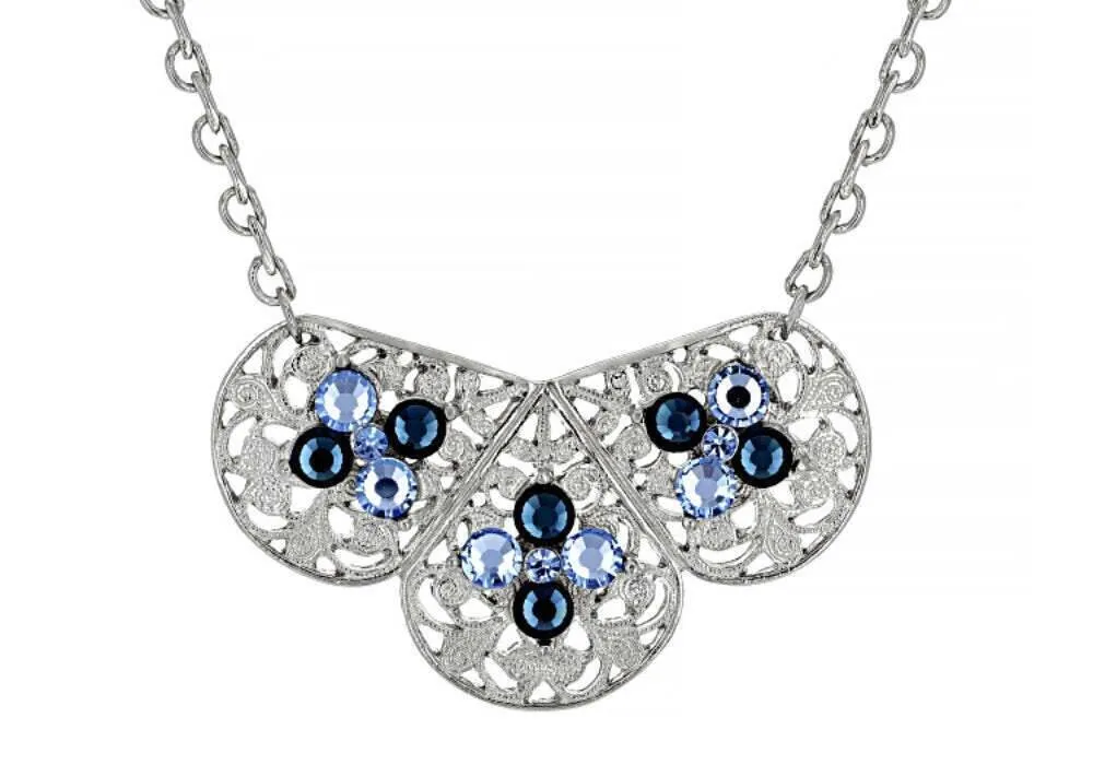 1928 Jewelry Triple Filigree Teardrop Sapphire Blue Crystal Bib Necklace 16"   3" Extension