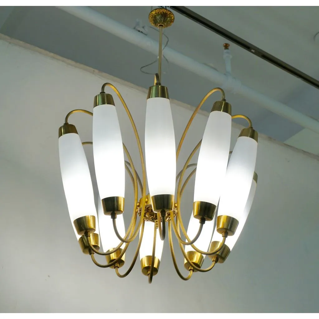 1950s Italian Vintage Stilnovo Style White Glass 10-light Brass Chandelier