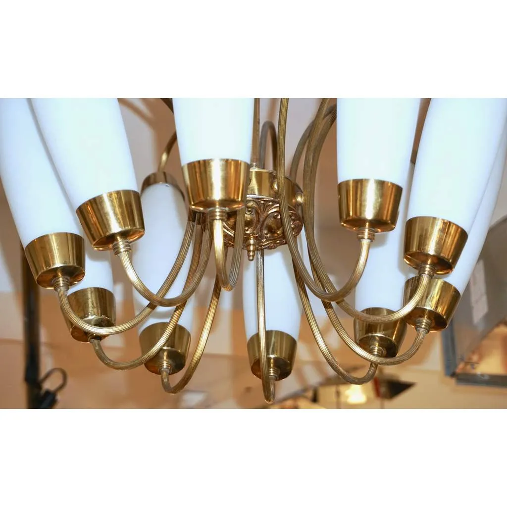 1950s Italian Vintage Stilnovo Style White Glass 10-light Brass Chandelier