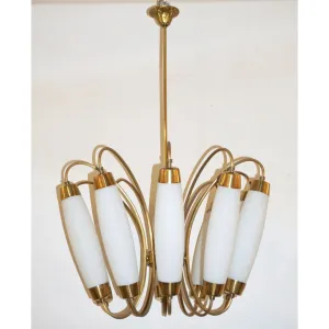 1950s Italian Vintage Stilnovo Style White Glass 10-light Brass Chandelier