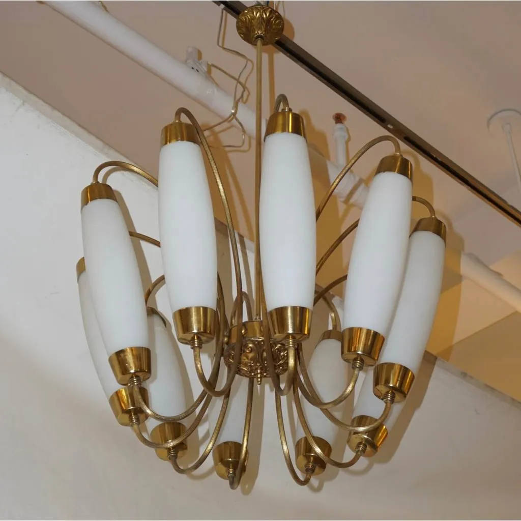 1950s Italian Vintage Stilnovo Style White Glass 10-light Brass Chandelier