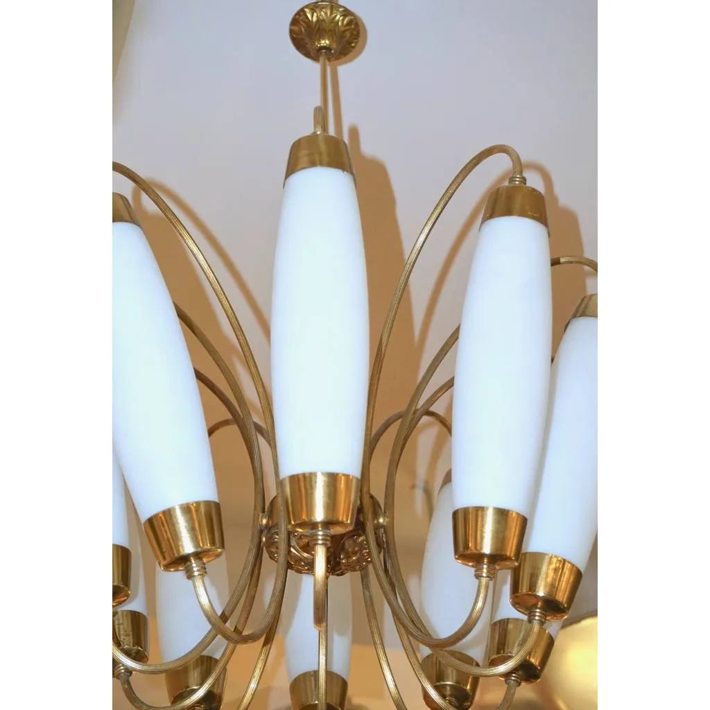 1950s Italian Vintage Stilnovo Style White Glass 10-light Brass Chandelier