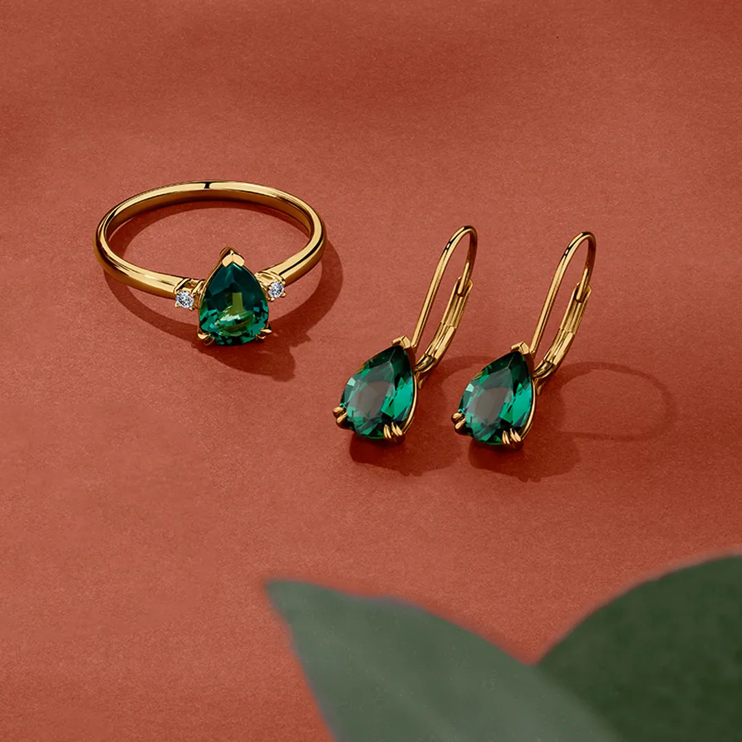 2.10ct TW Created Emerald Pear Earrings in 9ct Yellow Gold