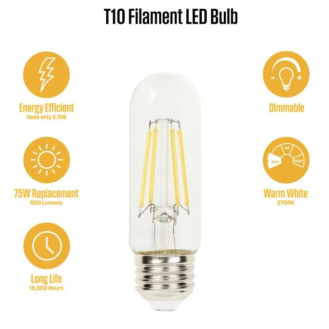 5.5W T10 Filament LED Dimmable Clear 2700K E26 (Medium) Base