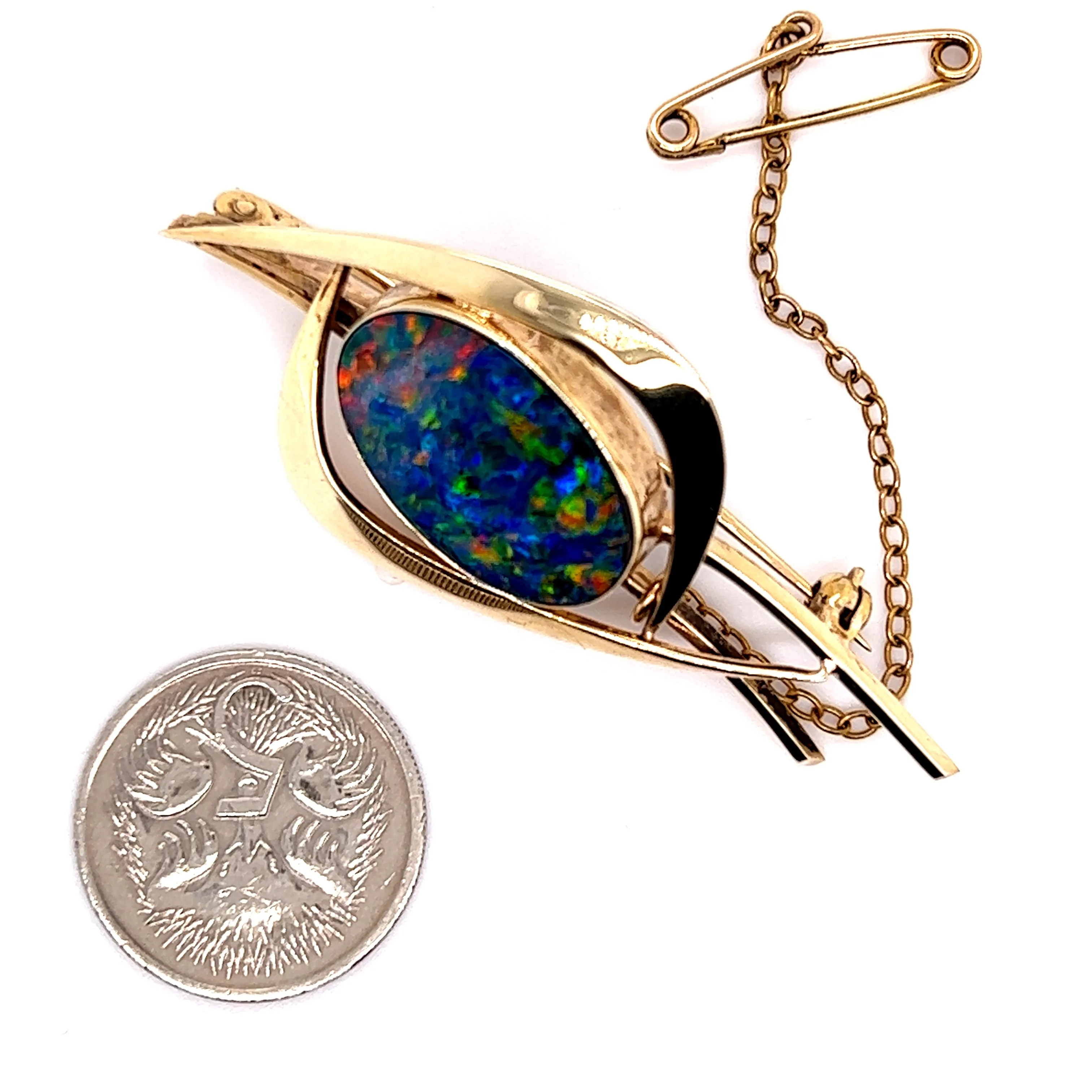 9ct Yellow Gold Opal Doublet Brooch with Safety Chain