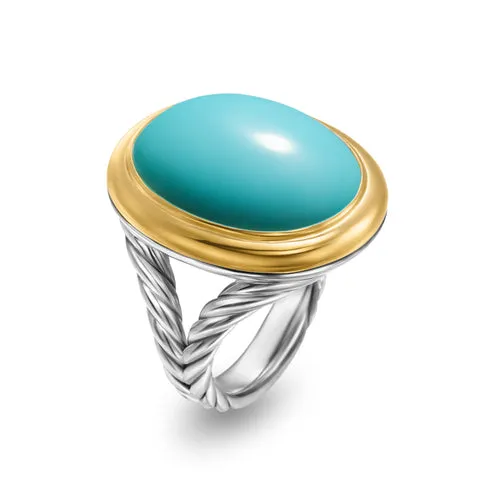 Albion Oval Ring in Sterling Silver with 18K Yellow Gold and Turquoise, Size 7