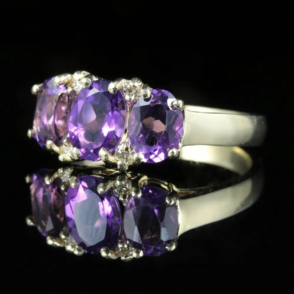 Amethyst And Diamond Trilogy Ring 9Ct Gold