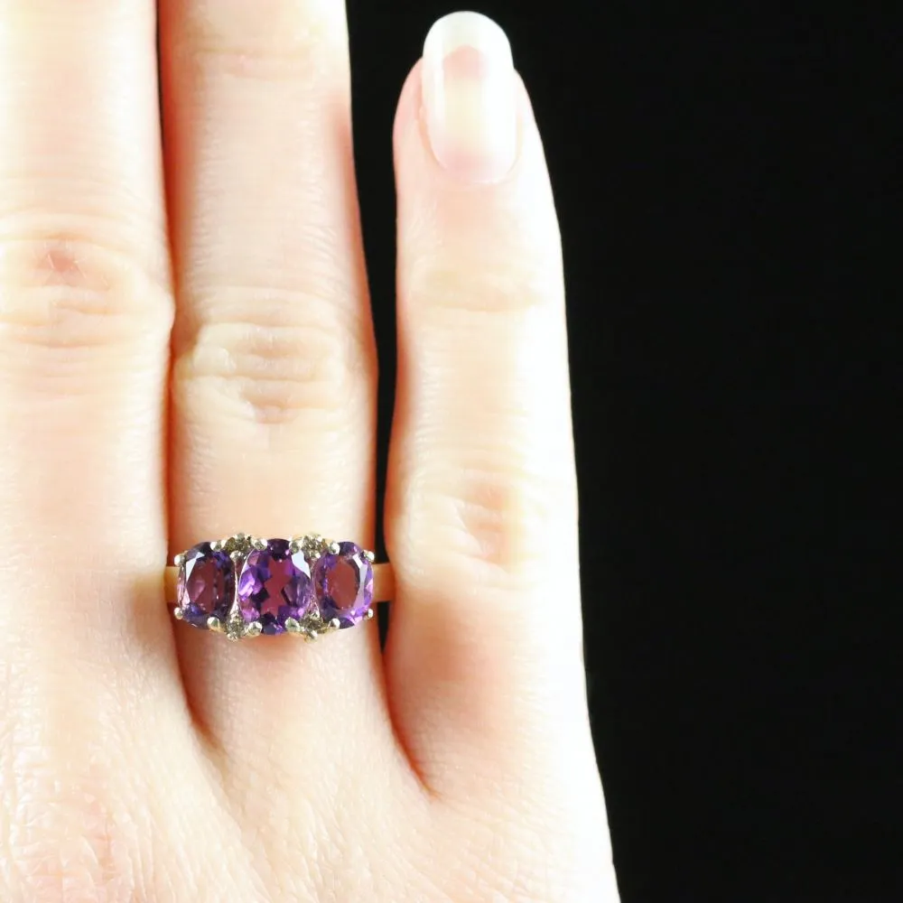 Amethyst And Diamond Trilogy Ring 9Ct Gold