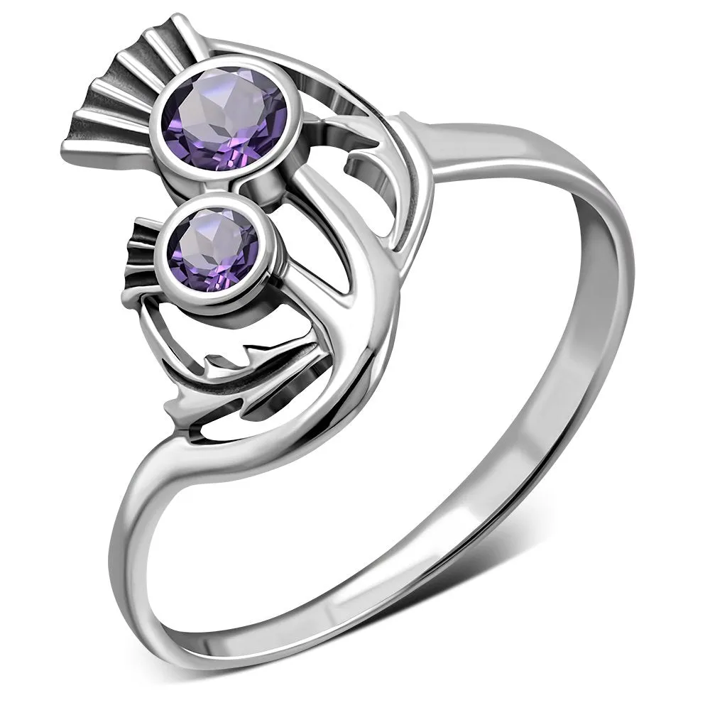 Amethyst Stone Thistle Silver Ring