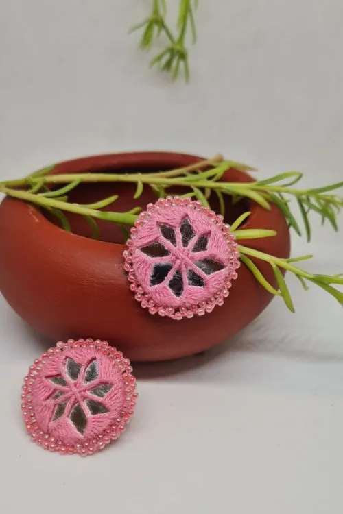 Antarang, Pink Stud Mirror Earings, 100% Cotton, Handmade By Divyang Rural Women