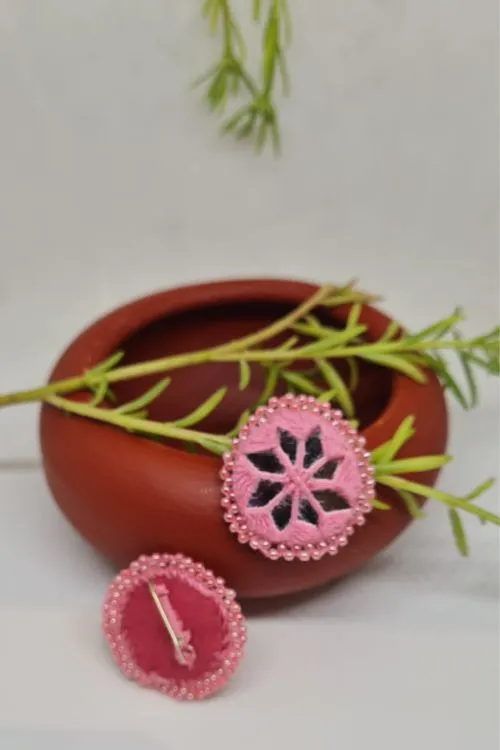 Antarang, Pink Stud Mirror Earings, 100% Cotton, Handmade By Divyang Rural Women