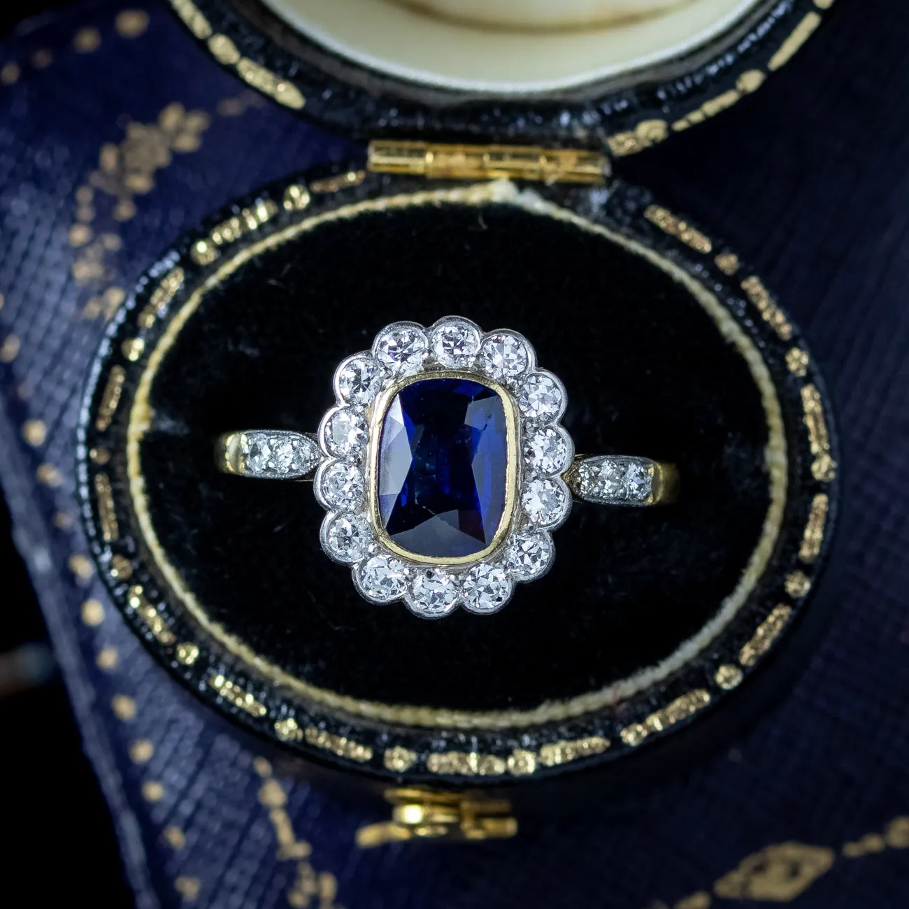 Antique Edwardian Sapphire Diamond Cluster Ring 1ct Blue Sapphire