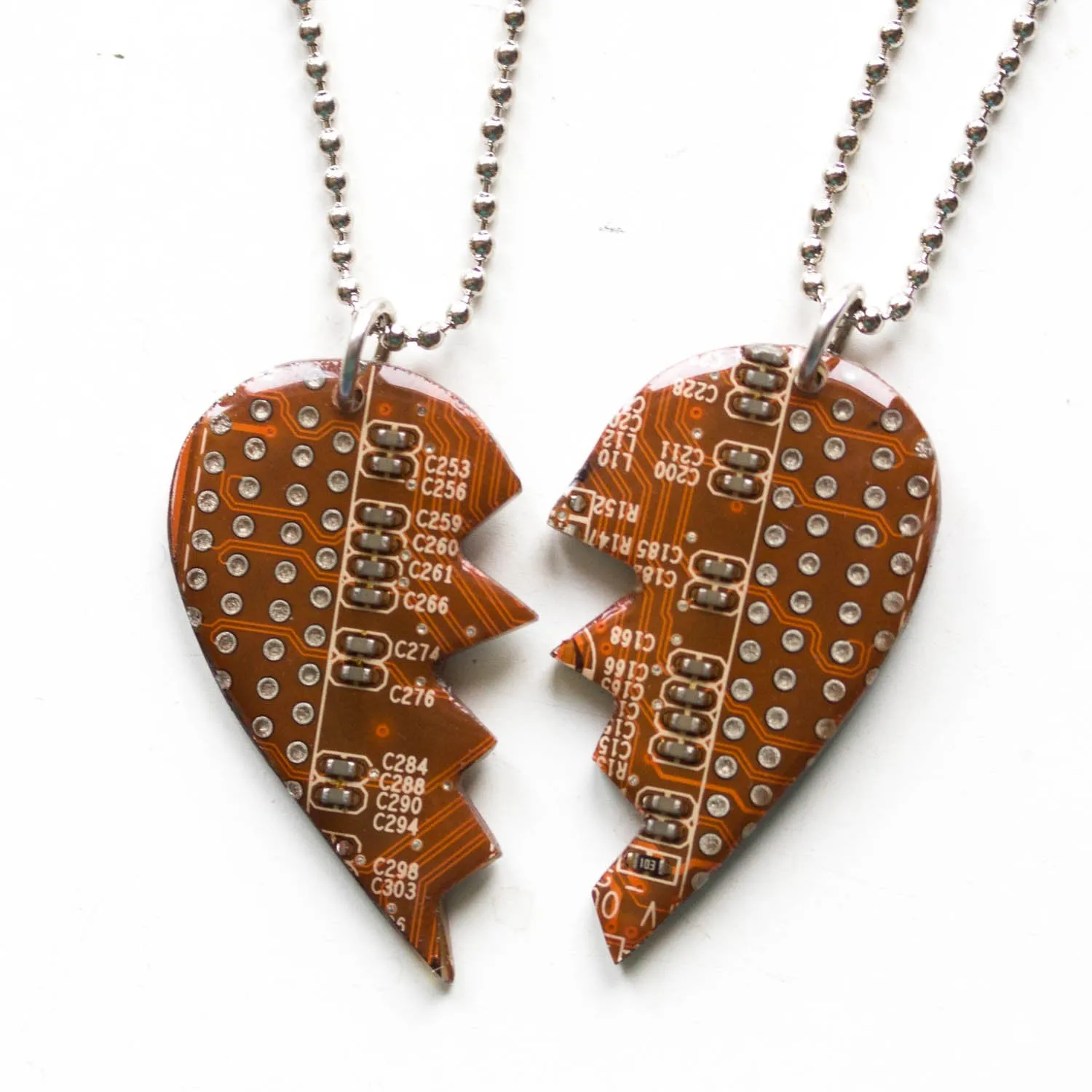 Best friend necklaces, split heart made of circuit board