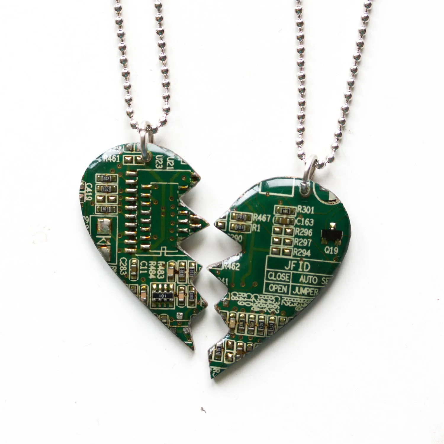 Best friend necklaces, split heart made of circuit board