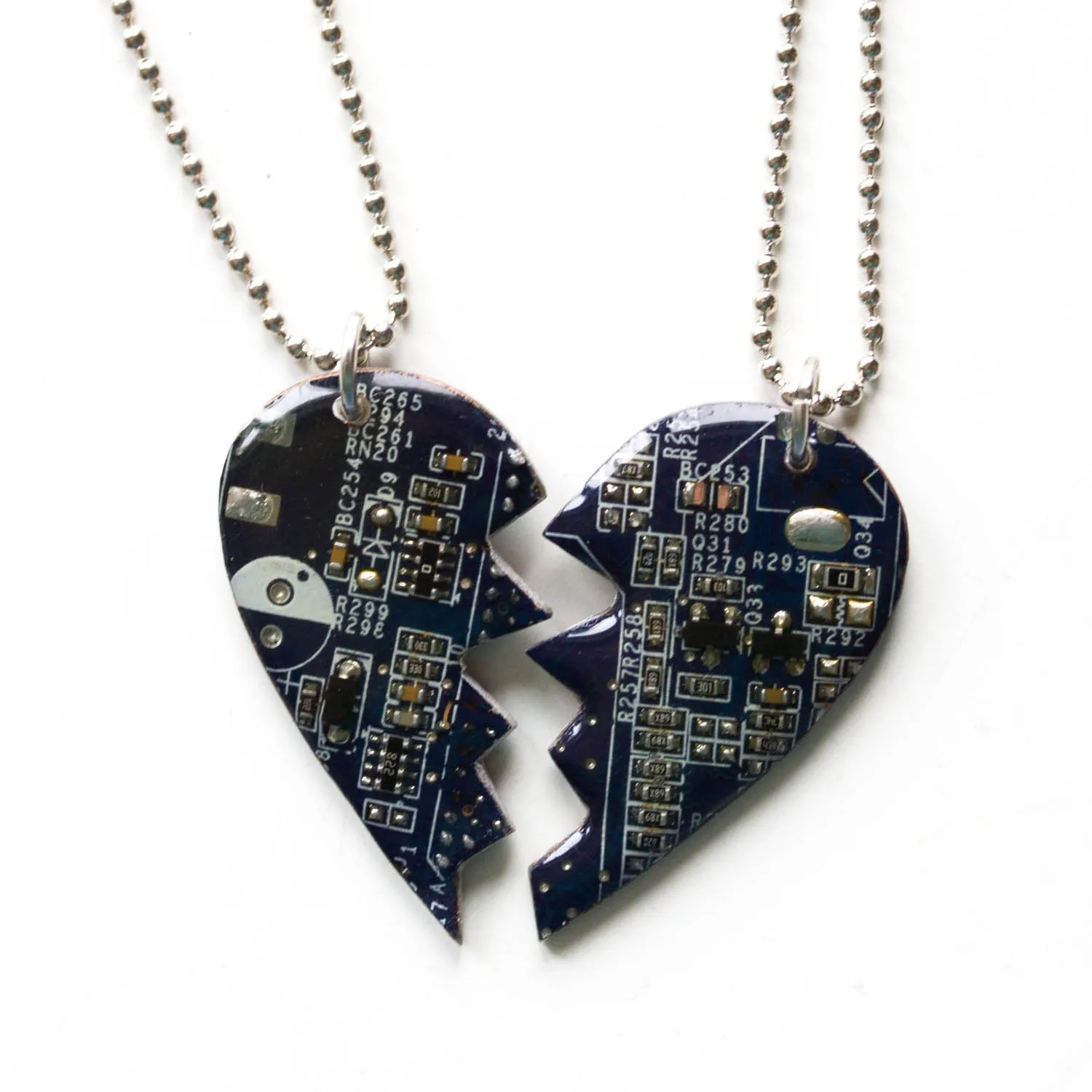 Best friend necklaces, split heart made of circuit board