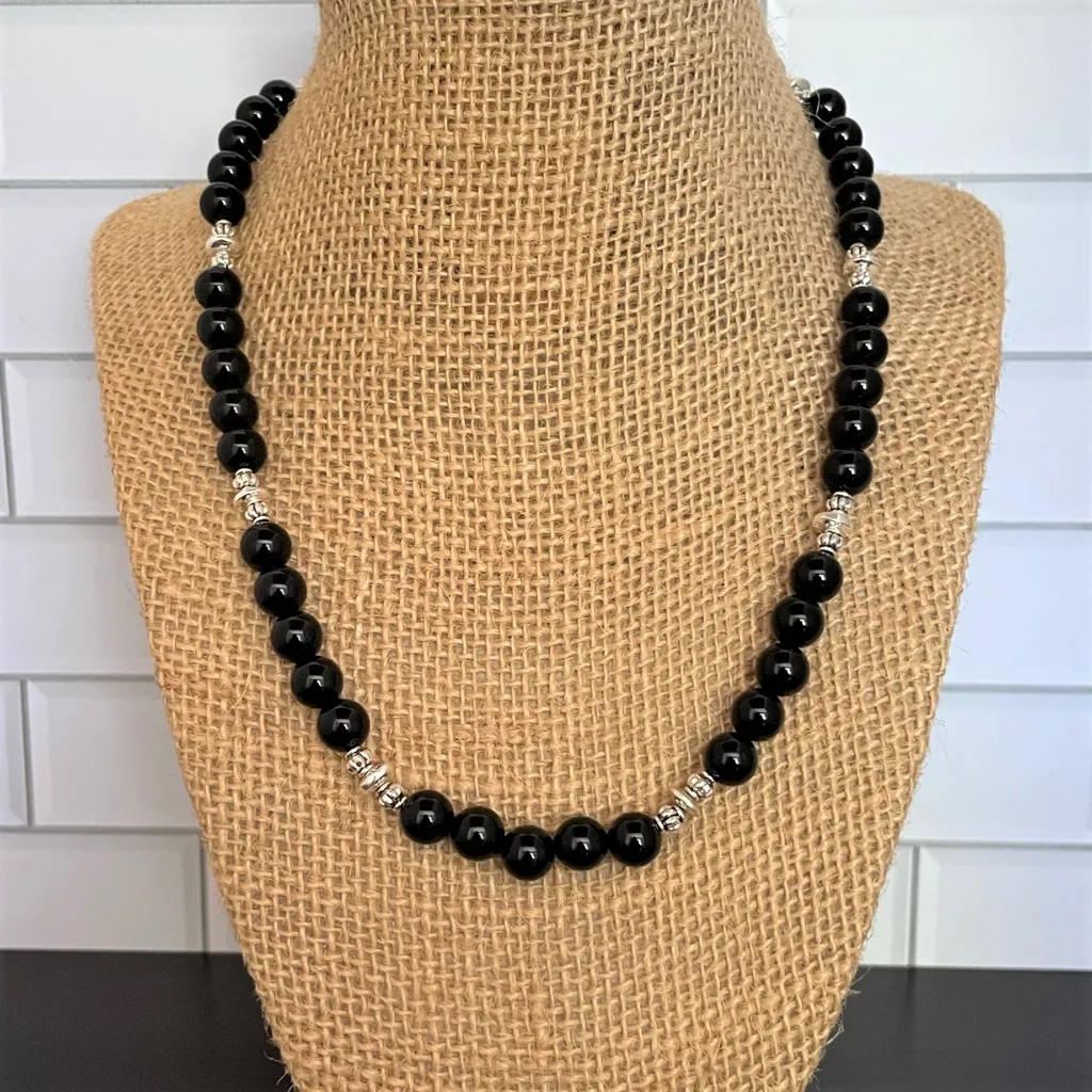 Black Onyx Mens Beaded Necklace with Silver Beads