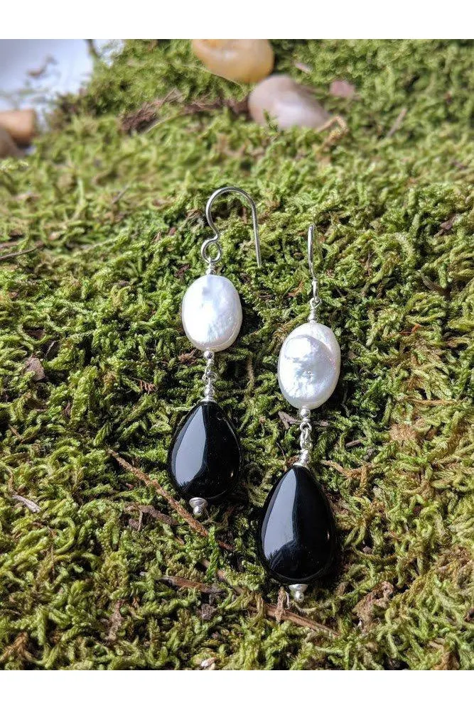 Black Onyx White Mother of Pearl Dangle Long Earrings