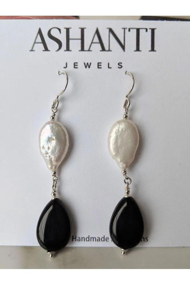 Black Onyx White Mother of Pearl Dangle Long Earrings