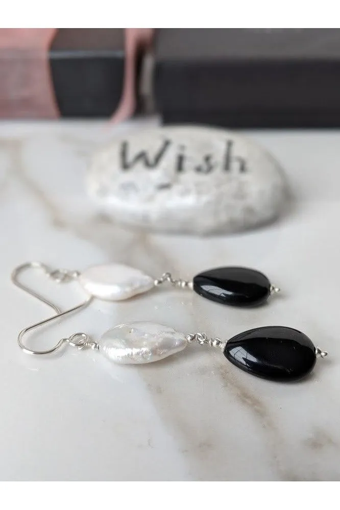 Black Onyx White Mother of Pearl Dangle Long Earrings